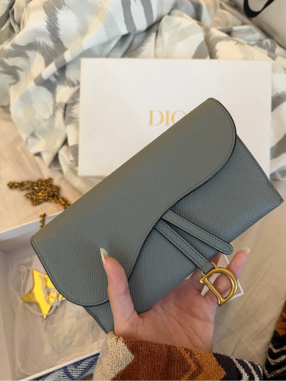 New Dior Gray Blue Leather Saddle Wallet on Chain - Gold Hardware